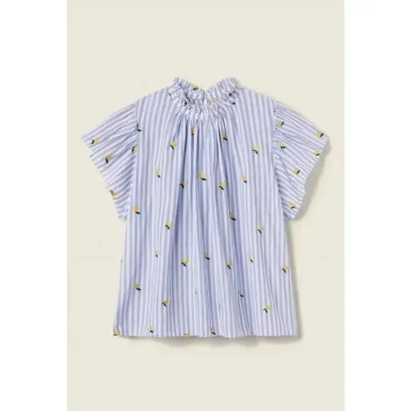 Trovata Birds of Paradis Carla Blouse Top Blue Stripe Short Sleeve Meyer Lemon S - Picture 8 of 10
